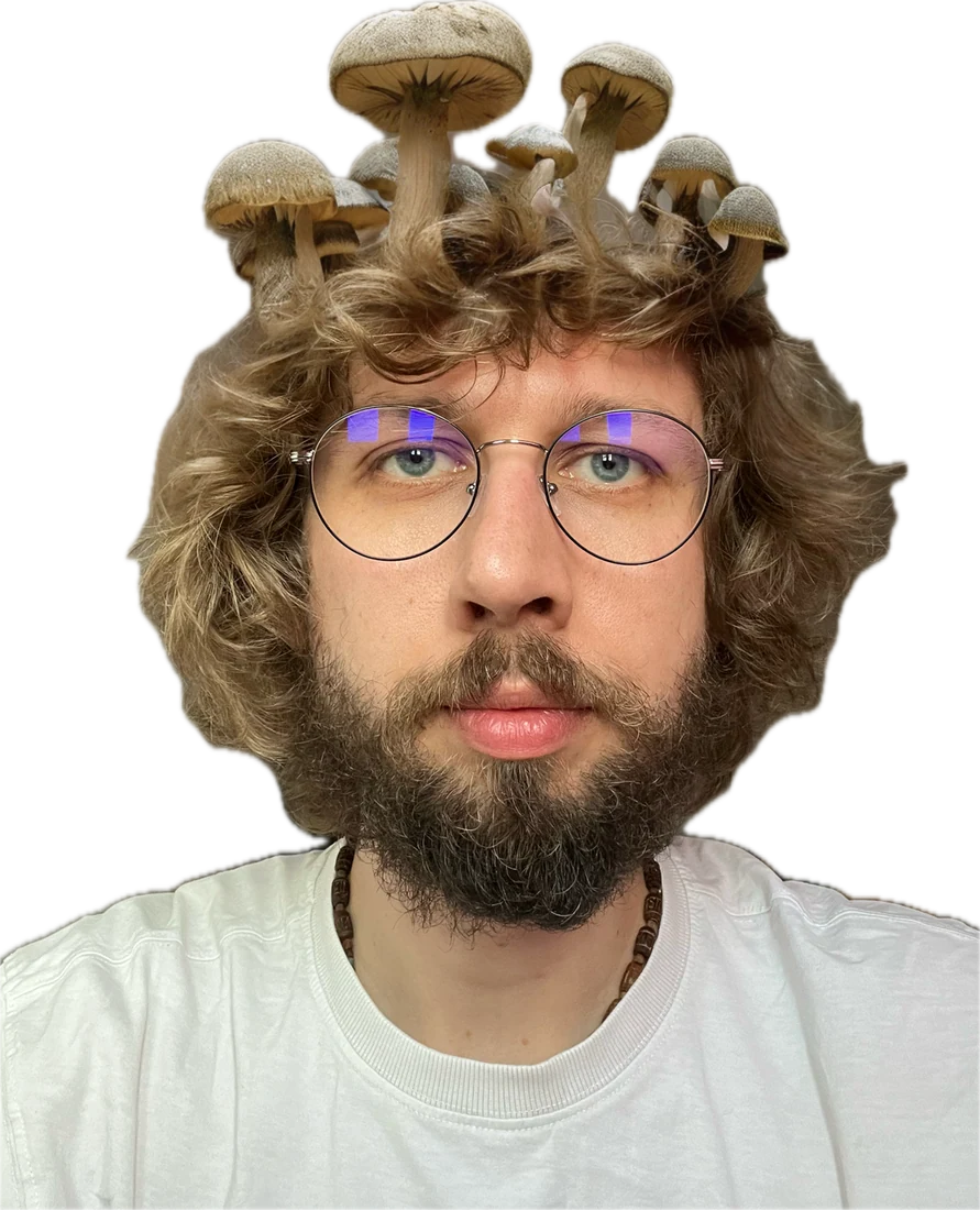 Volodymyr Riabchuk wearing a crown of mushrooms